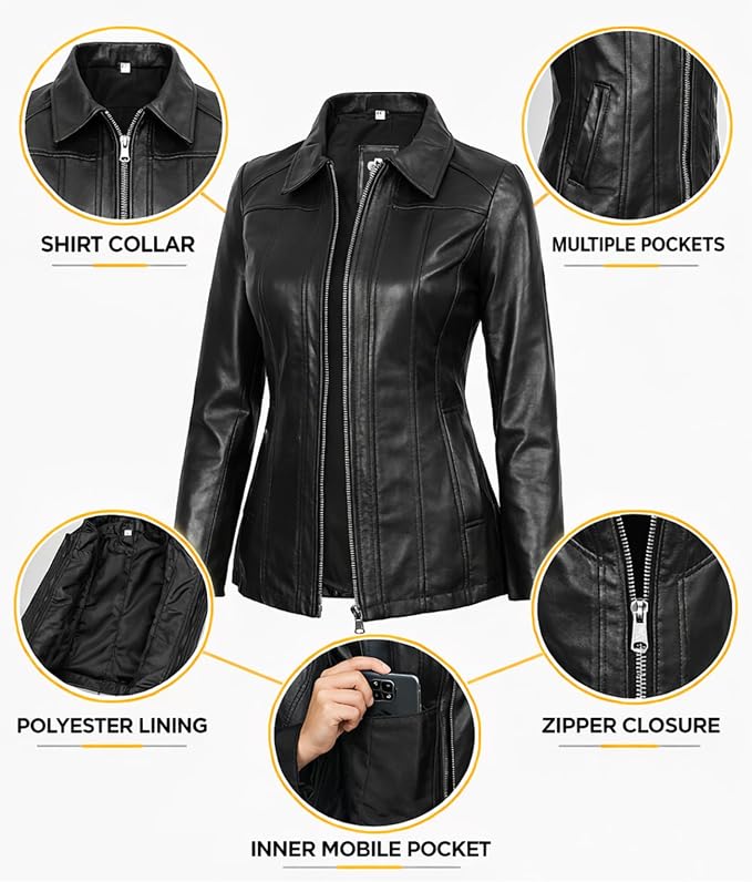 Decrum Car Coat Style Leather Jacket Women | Real Lambskin Leather, Full Polyester Lining, Front Zip Closure, Two Side & One Inside Pocket