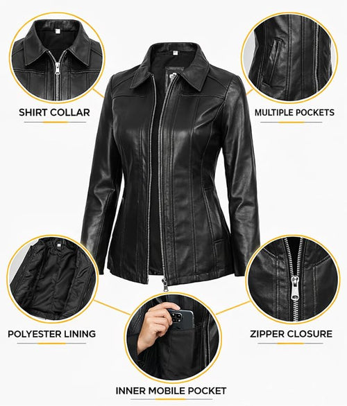Decrum Car Coat Style Leather Jacket Women | Real Lambskin Leather, Full Polyester Lining, Front Zip Closure, Two Side & One Inside Pocket
