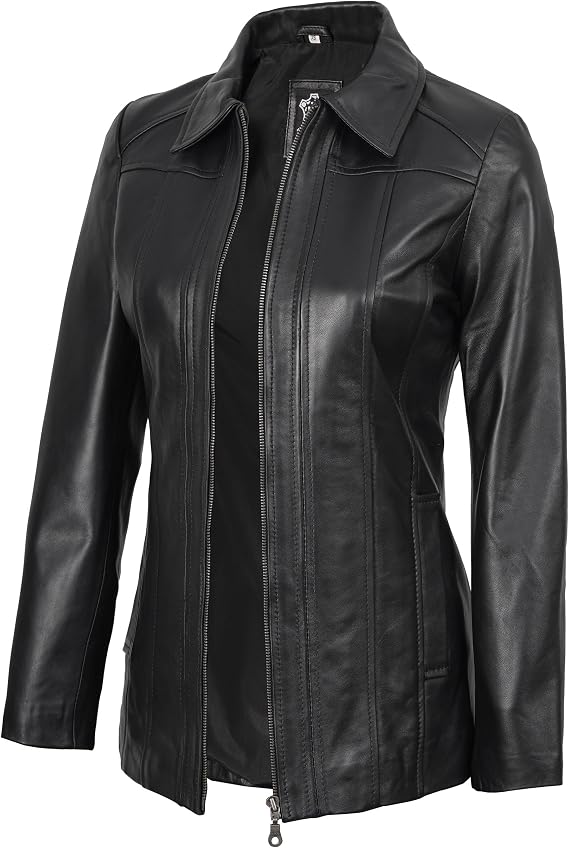 Decrum Car Coat Style Leather Jacket Women | Real Lambskin Leather, Full Polyester Lining, Front Zip Closure, Two Side & One Inside Pocket