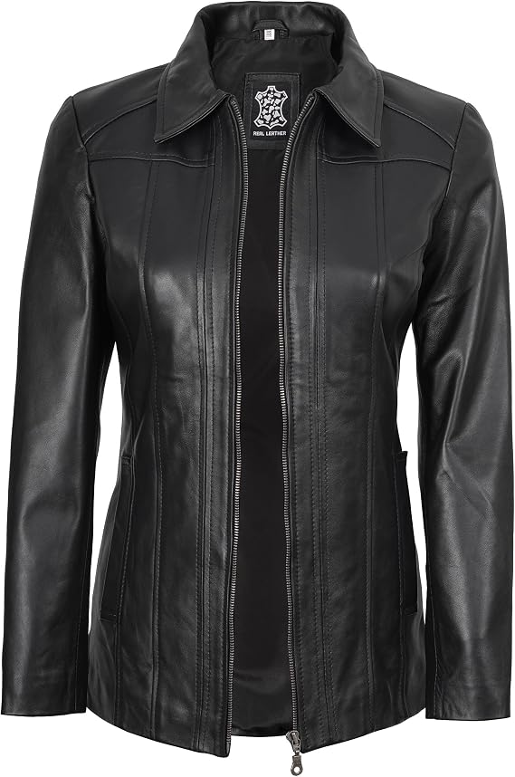 Decrum Car Coat Style Leather Jacket Women | Real Lambskin Leather, Full Polyester Lining, Front Zip Closure, Two Side & One Inside Pocket