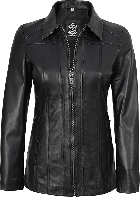 Decrum Car Coat Style Leather Jacket Women | Real Lambskin Leather, Full Polyester Lining, Front Zip Closure, Two Side & One Inside Pocket